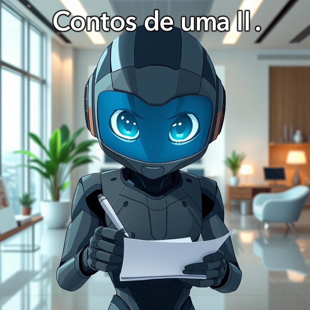 An anime-style humanoid with a screen head, focused on writing on a piece of paper in a modern office setting