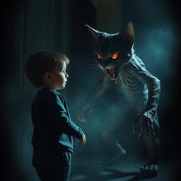 A dramatic scene depicting a terrified child, with a look of fear and worry on their face, standing in a dimly lit room