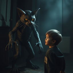 A dramatic scene depicting a terrified child, with a look of fear and worry on their face, standing in a dimly lit room