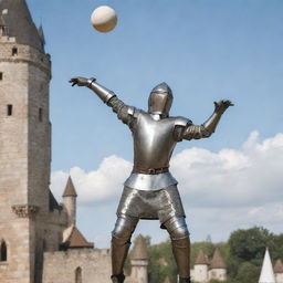 A medieval knight in full armor, spiking a volleyball mid-air with a castle background.