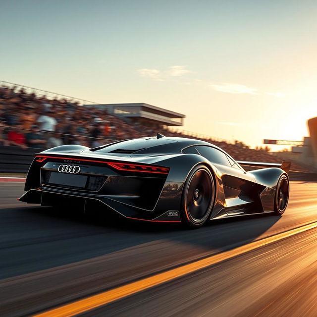 A sleek and futuristic Audi Le Mans Hypercar speeding down a race track, featuring an aerodynamic design with sharp lines and bold color scheme, showcasing the iconic Audi logo