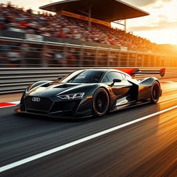 A sleek and futuristic Audi Le Mans Hypercar speeding down a race track, featuring an aerodynamic design with sharp lines and bold color scheme, showcasing the iconic Audi logo