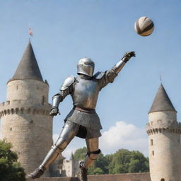 A medieval knight in full armor, spiking a volleyball mid-air with a castle background.