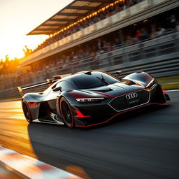 A sleek and futuristic Audi Le Mans Hypercar speeding down a race track, featuring an aerodynamic design with sharp lines and bold color scheme, showcasing the iconic Audi logo