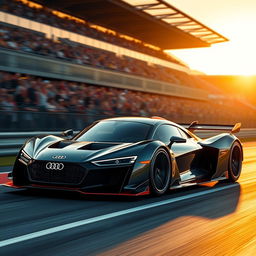 A sleek and futuristic Audi Le Mans Hypercar speeding down a race track, featuring an aerodynamic design with sharp lines and bold color scheme, showcasing the iconic Audi logo