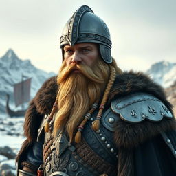 A stout male dwarf warrior in detailed Viking-style armor, featuring a gleaming helm with ornamental runes and a flowing dark fur cloak