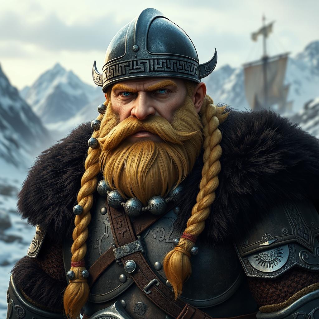 A stout male dwarf warrior in detailed Viking-style armor, featuring a gleaming helm with ornamental runes and a flowing dark fur cloak