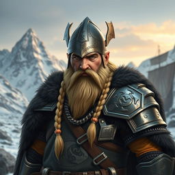 A stout male dwarf warrior in detailed Viking-style armor, featuring a gleaming helm with ornamental runes and a flowing dark fur cloak