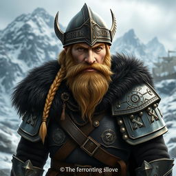 A stout male dwarf warrior in detailed Viking-style armor, featuring a gleaming helm with ornamental runes and a flowing dark fur cloak