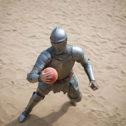 A close-up, bird's eye view of a medieval knight in full armor, intensely spiking a volleyball mid-air.