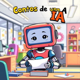 A cartoon-style humanoid with a screen head, focused on writing on a piece of paper in a modern office setting