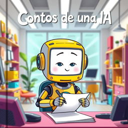 A cartoon-style humanoid with a screen head, focused on writing on a piece of paper in a modern office setting