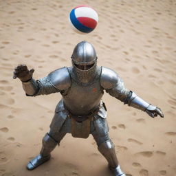 A close-up, bird's eye view of a medieval knight in full armor, intensely spiking a volleyball mid-air.