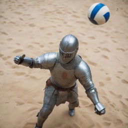 A close-up, bird's eye view of a medieval knight in full armor, intensely spiking a volleyball mid-air.