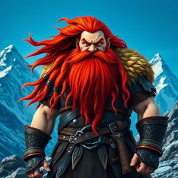 A tall mountain dwarf with striking long red hair cascading down his shoulders, showcasing his fierce expression and vibrant beard