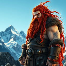 A tall mountain dwarf with striking long red hair cascading down his shoulders, showcasing his fierce expression and vibrant beard