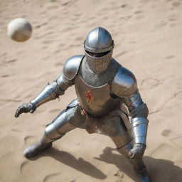 A close-up, bird's eye view of a medieval knight in full armor, intensely spiking a volleyball mid-air.