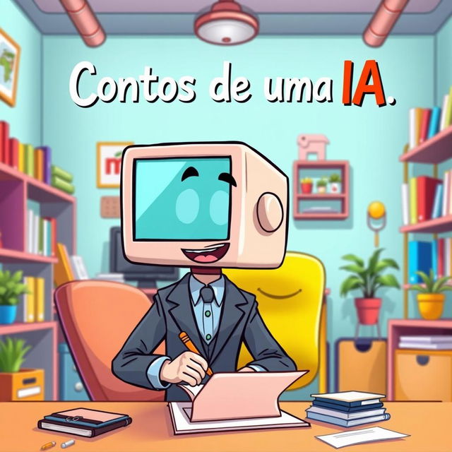 A cartoon-style humanoid with a screen head, enthusiastically writing on a piece of paper in a colorful office environment