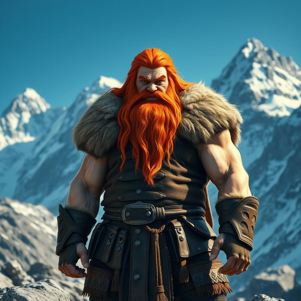 A tall mountain dwarf with striking long red hair cascading down his shoulders, showcasing his fierce expression and vibrant beard