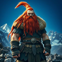 A tall mountain dwarf with striking long red hair cascading down his shoulders, showcasing his fierce expression and vibrant beard