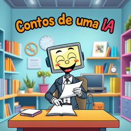 A cartoon-style humanoid with a screen head, enthusiastically writing on a piece of paper in a colorful office environment