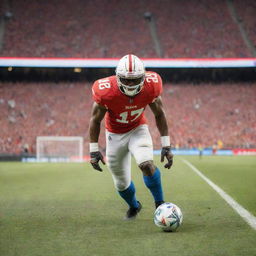 A professional football player poised for action on the field, dribbling the football in a vibrant stadium filled with cheering fans.