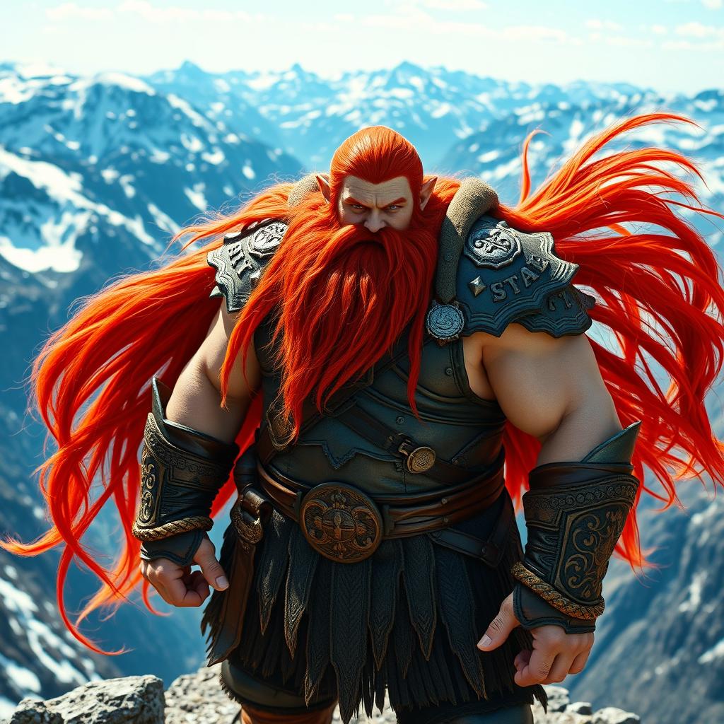 A tall mountain dwarf with vibrant long red hair flowing down his back, showcasing his fierce expression and impressive stature