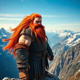 A tall mountain dwarf with vibrant long red hair flowing down his back, showcasing his fierce expression and impressive stature