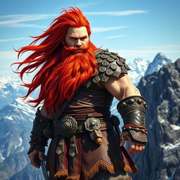 A tall mountain dwarf with vibrant long red hair flowing down his back, showcasing his fierce expression and impressive stature