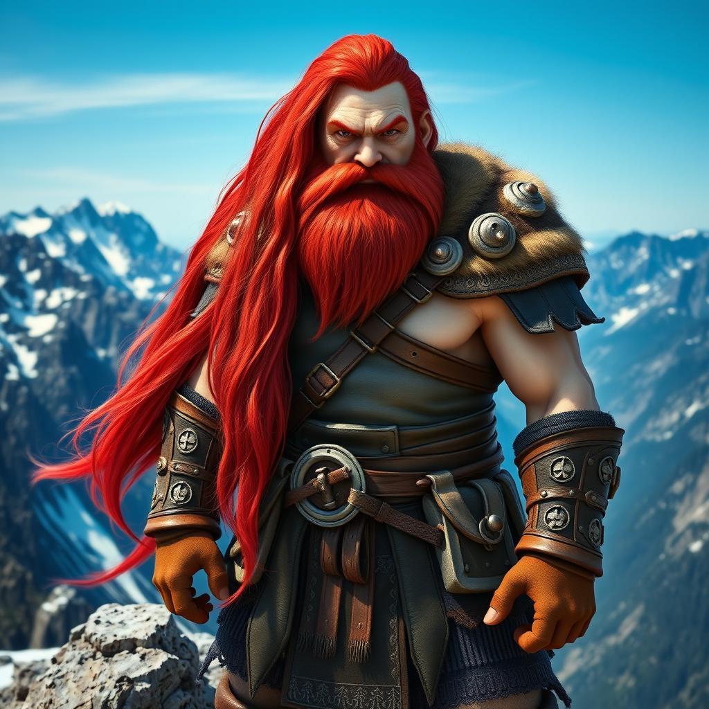 A tall mountain dwarf with vibrant long red hair flowing down his back, showcasing his fierce expression and impressive stature