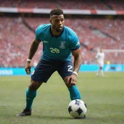 A professional football player poised for action on the field, dribbling the football in a vibrant stadium filled with cheering fans.