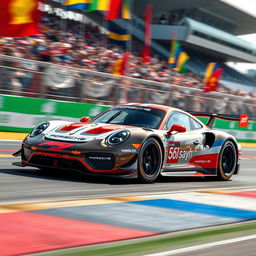 A Porsche Le Mans Hypercar racing at high speed on a dynamic racetrack, showcasing its sleek aerodynamic design and vibrant colors