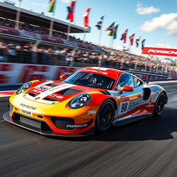 A Porsche Le Mans Hypercar racing at high speed on a dynamic racetrack, showcasing its sleek aerodynamic design and vibrant colors