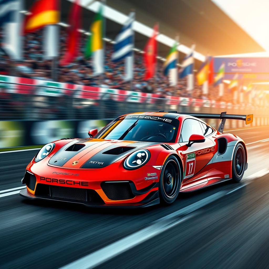 A Porsche Le Mans Hypercar racing at high speed on a dynamic racetrack, showcasing its sleek aerodynamic design and vibrant colors