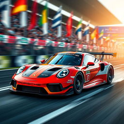 A Porsche Le Mans Hypercar racing at high speed on a dynamic racetrack, showcasing its sleek aerodynamic design and vibrant colors