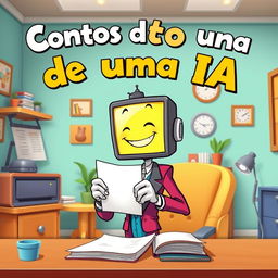 A cartoon-style humanoid with a screen head, inspired by Looney Tunes, merrily writing on a piece of paper in a whimsical office setting