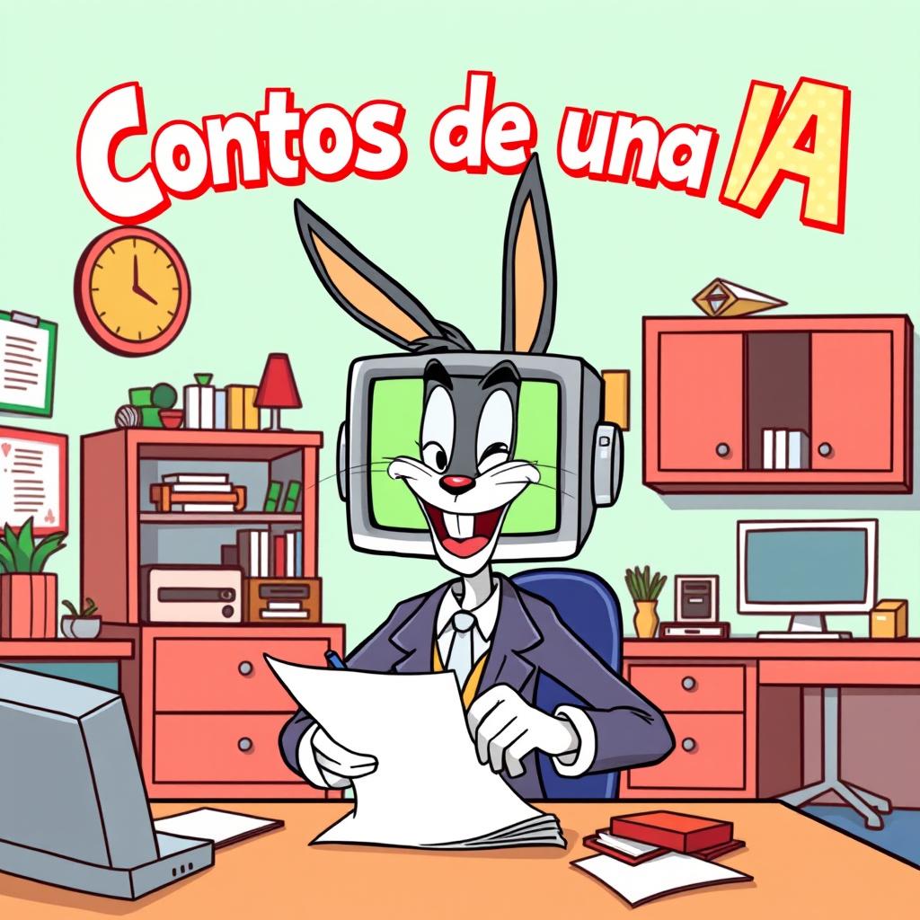 A cartoon-style humanoid with a screen head, inspired by Looney Tunes, merrily writing on a piece of paper in a whimsical office setting