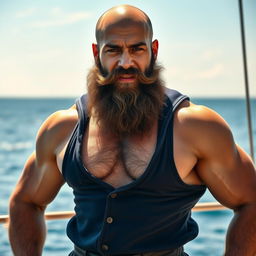 A rugged bald headed sailor with a muscular build, showcasing a hairy chest and a large, bushy beard