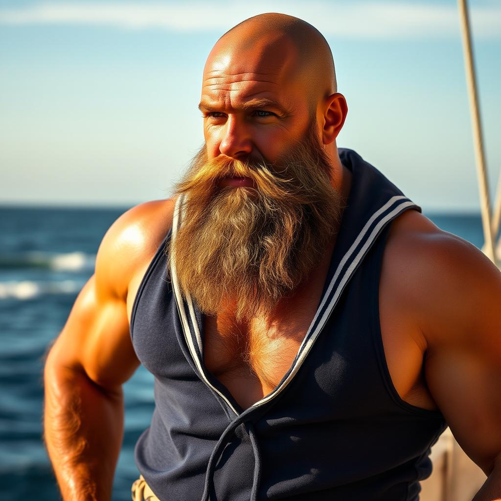 A rugged bald headed sailor with a muscular build, showcasing a hairy chest and a large, bushy beard