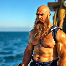 A rugged bald headed sailor with a muscular build, showcasing a hairy chest and a large, bushy beard