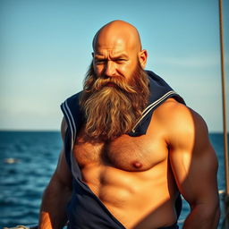 A rugged bald headed sailor with a muscular build, showcasing a hairy chest and a large, bushy beard