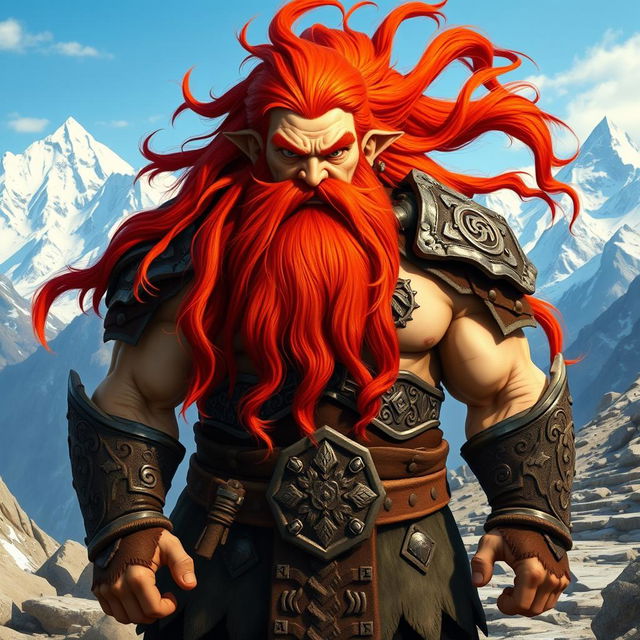 A tall mountain dwarf with long flowing red hair and a vibrant beard, showcasing a fierce expression