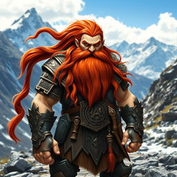 A tall mountain dwarf with long flowing red hair and a vibrant beard, showcasing a fierce expression