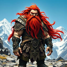 A tall mountain dwarf with long flowing red hair and a vibrant beard, showcasing a fierce expression