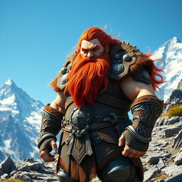 A tall mountain dwarf with long flowing red hair and a vibrant beard, showcasing a fierce expression