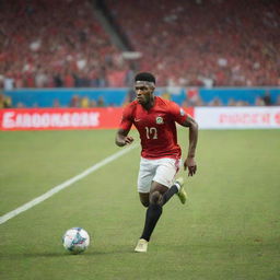 A professional football player poised for action on the field, dribbling the football in a vibrant stadium filled with cheering fans.