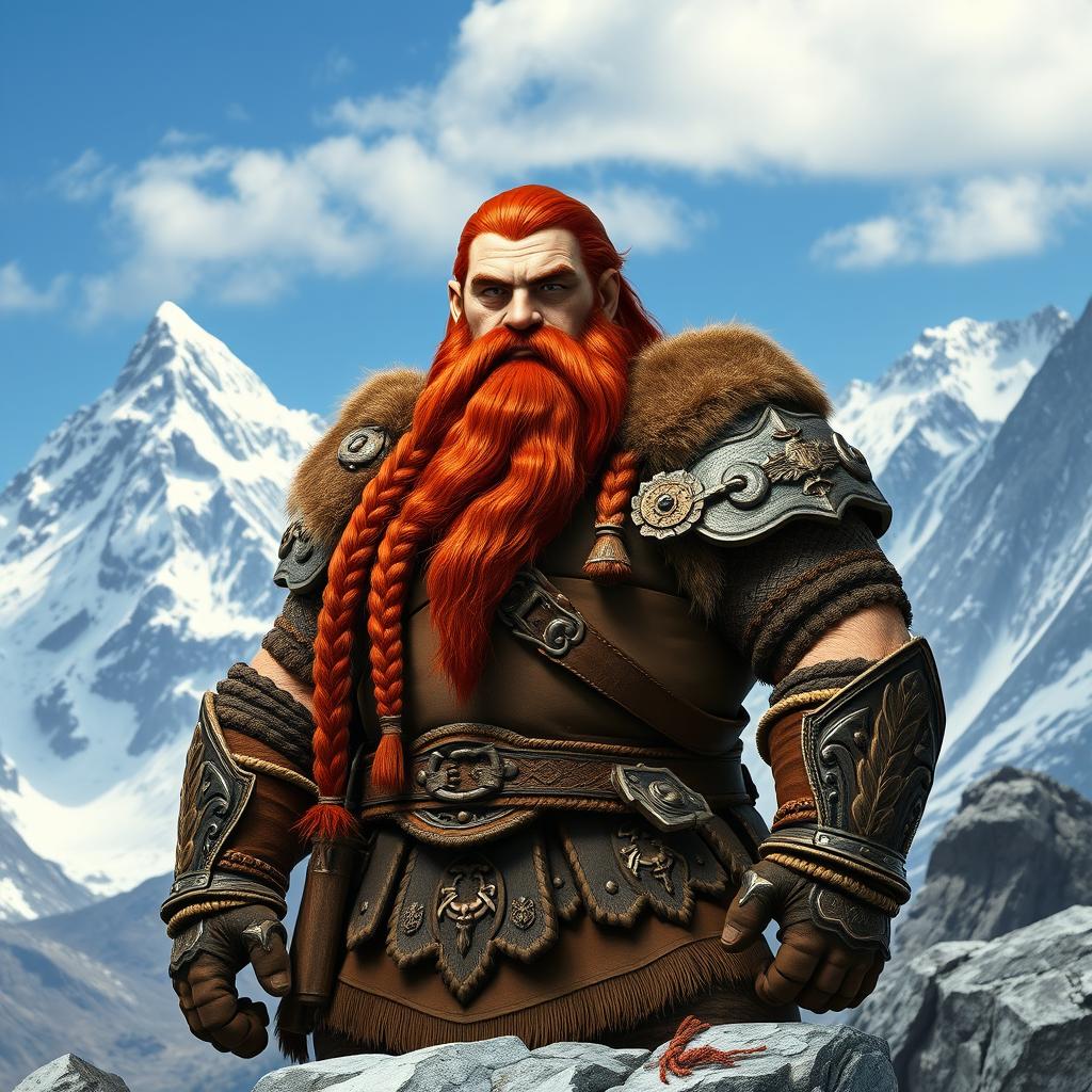 A tall mountain dwarf with striking red-brown braided hair and a thick braided beard, embodying a fierce warrior persona