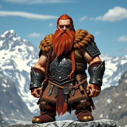 A tall mountain dwarf with striking red-brown braided hair and a thick braided beard, embodying a fierce warrior persona