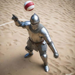 A close-up, bird's eye view of a medieval knight in full armor, poised in mid-air about to fiercely spike a volleyball.