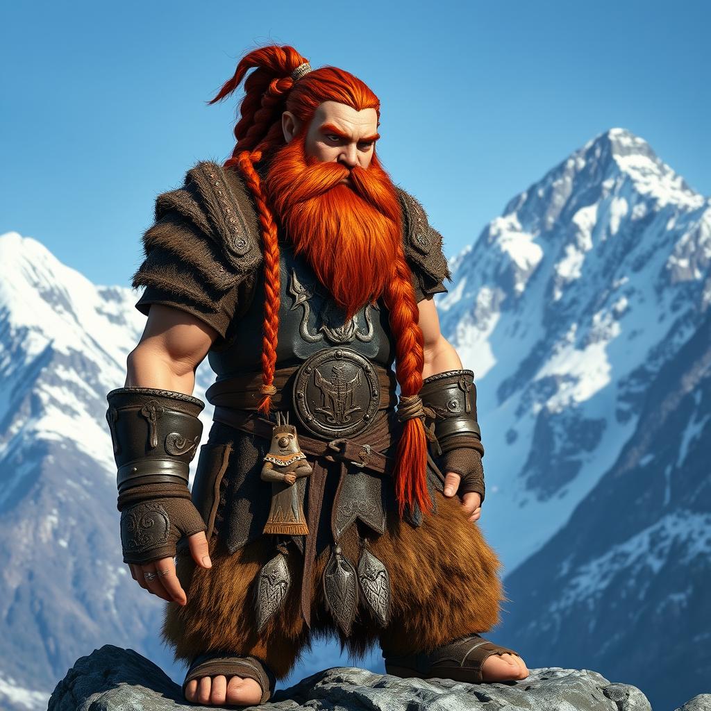 A tall mountain dwarf with striking red-brown braided hair and a thick braided beard, embodying a fierce warrior persona